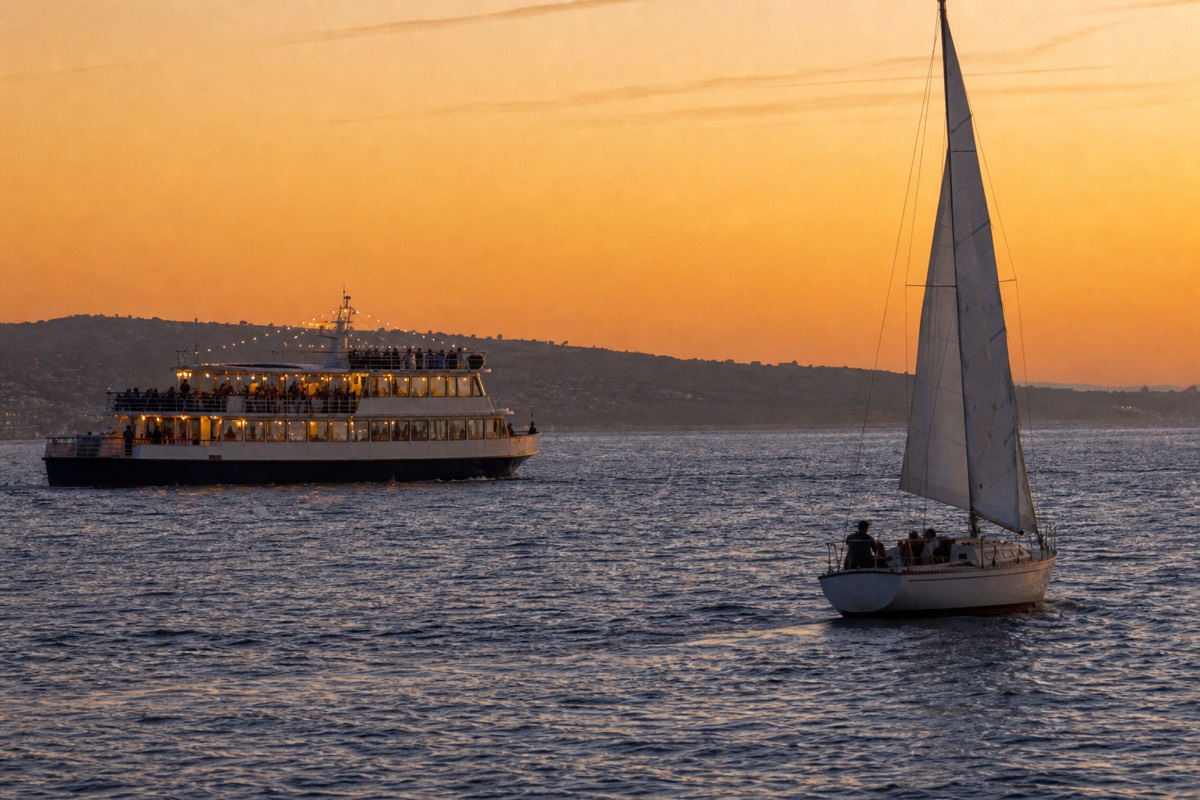 Small sailing yacht heeling into golden light on San Diego Bay with a large dinner vessel behind it