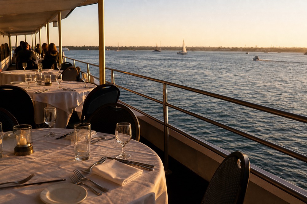 Table settings and evening water views aboard a San Diego dinner ship at golden hour, long shadows and warm low light