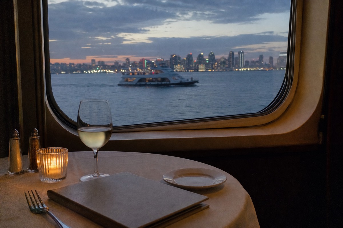 Illuminated dinner cruise boat passing the downtown San Diego skyline after dark
