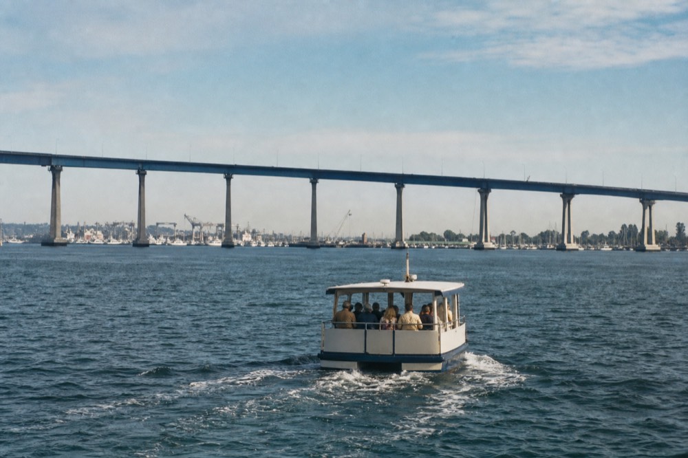 The small Coronado passenger ferry crossing San Diego Bay toward the bridge, late-morning light