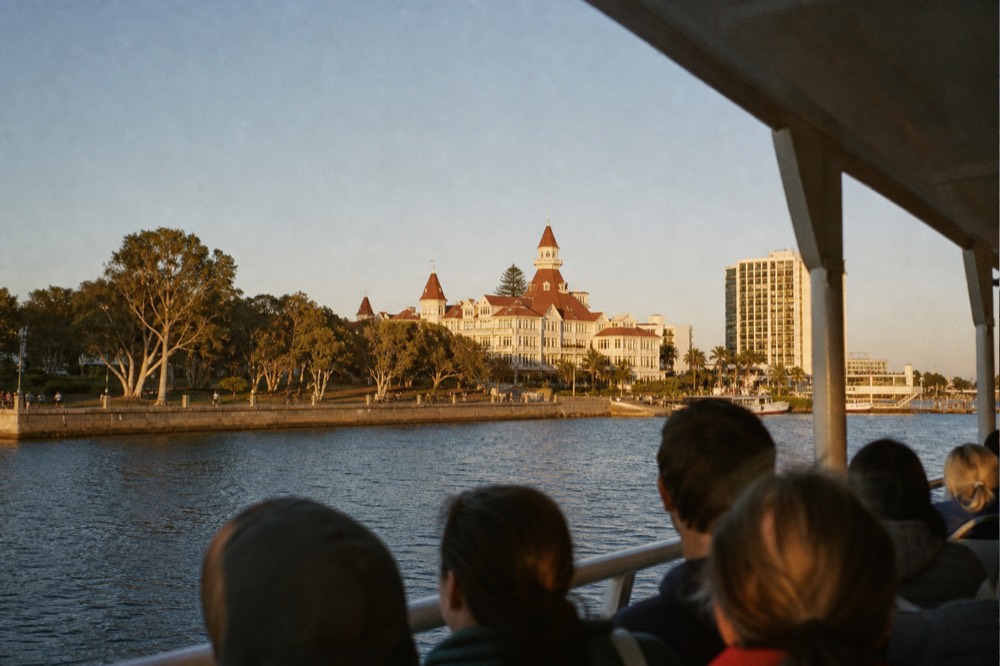 A narrated sightseeing boat passing San Diego's waterfront landmarks at golden hour, long shadows and warm low light
