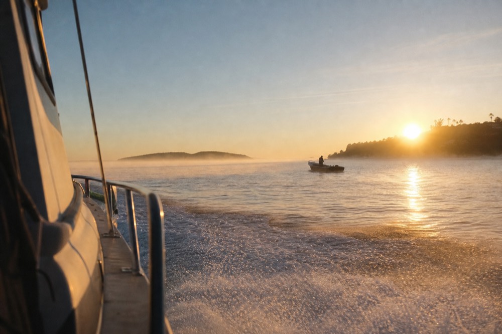 Glassy dawn water off San Diego with mist and low golden light behind a whale watching boat's bow wake