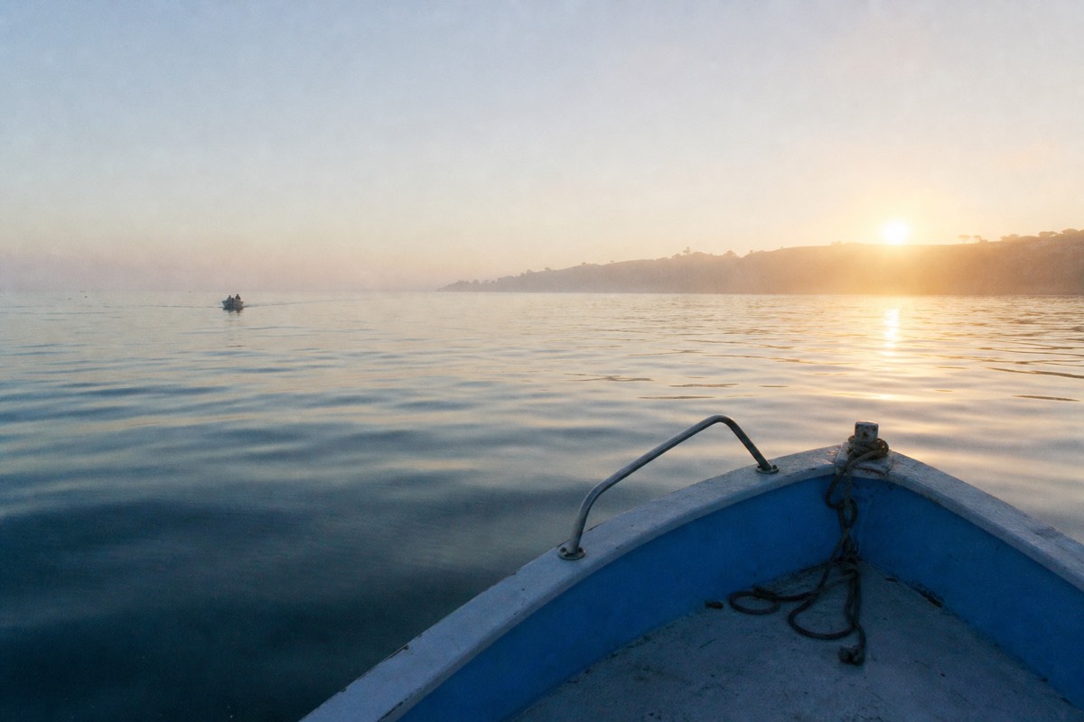 Whale watching boat on calm open water off Point Loma with passengers watching a distant blow at first light