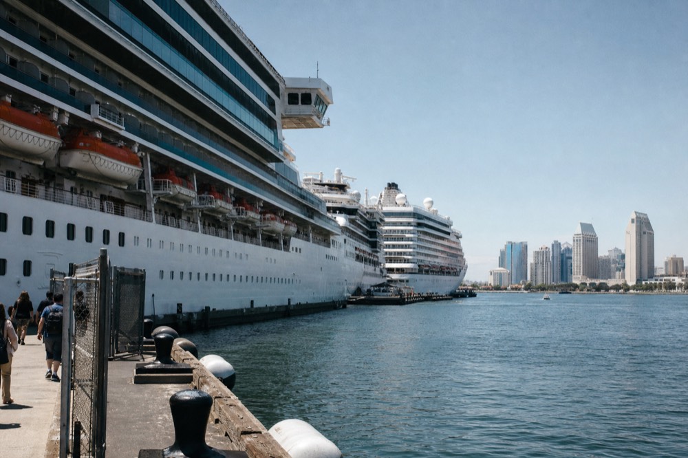 Cruise ships berthed at downtown San Diego piers, late-morning light