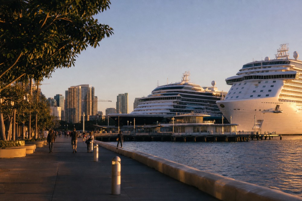 Cruise ships berthed at downtown San Diego piers at golden hour, long shadows and warm low light