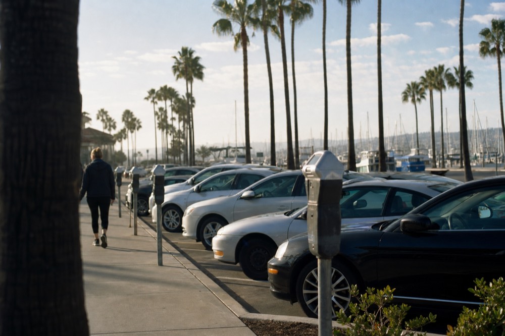 Waterfront pay station and parking row along the palm-lined San Diego cruise docks with boat masts behind