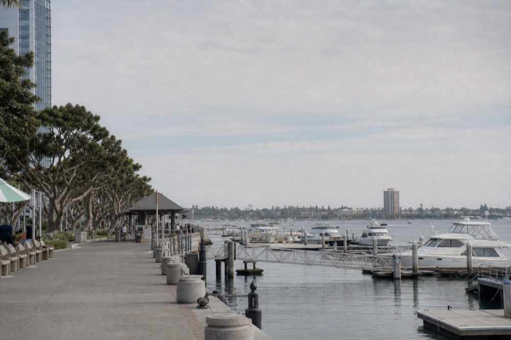 San Diego's boat departure docks and waterfront promenade, late-morning light