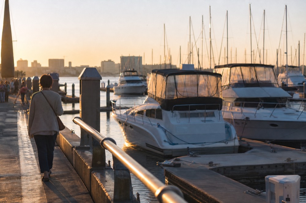 San Diego's boat departure docks and waterfront promenade at golden hour, long shadows and warm low light