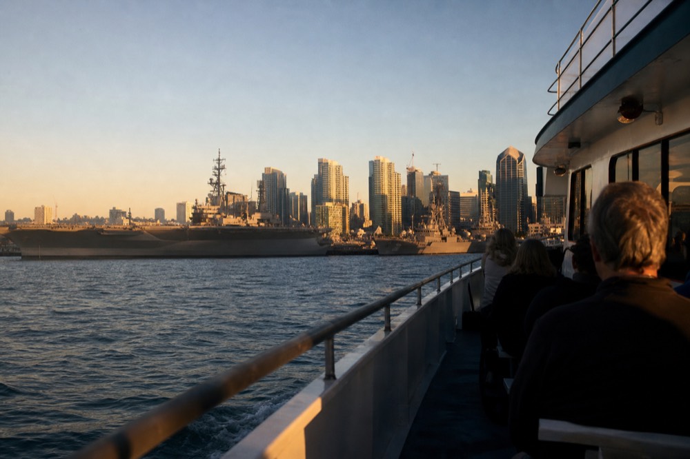 The San Diego harbor cruise route with bay water, gray naval ships and the city skyline at golden hour, long shadows and warm low light